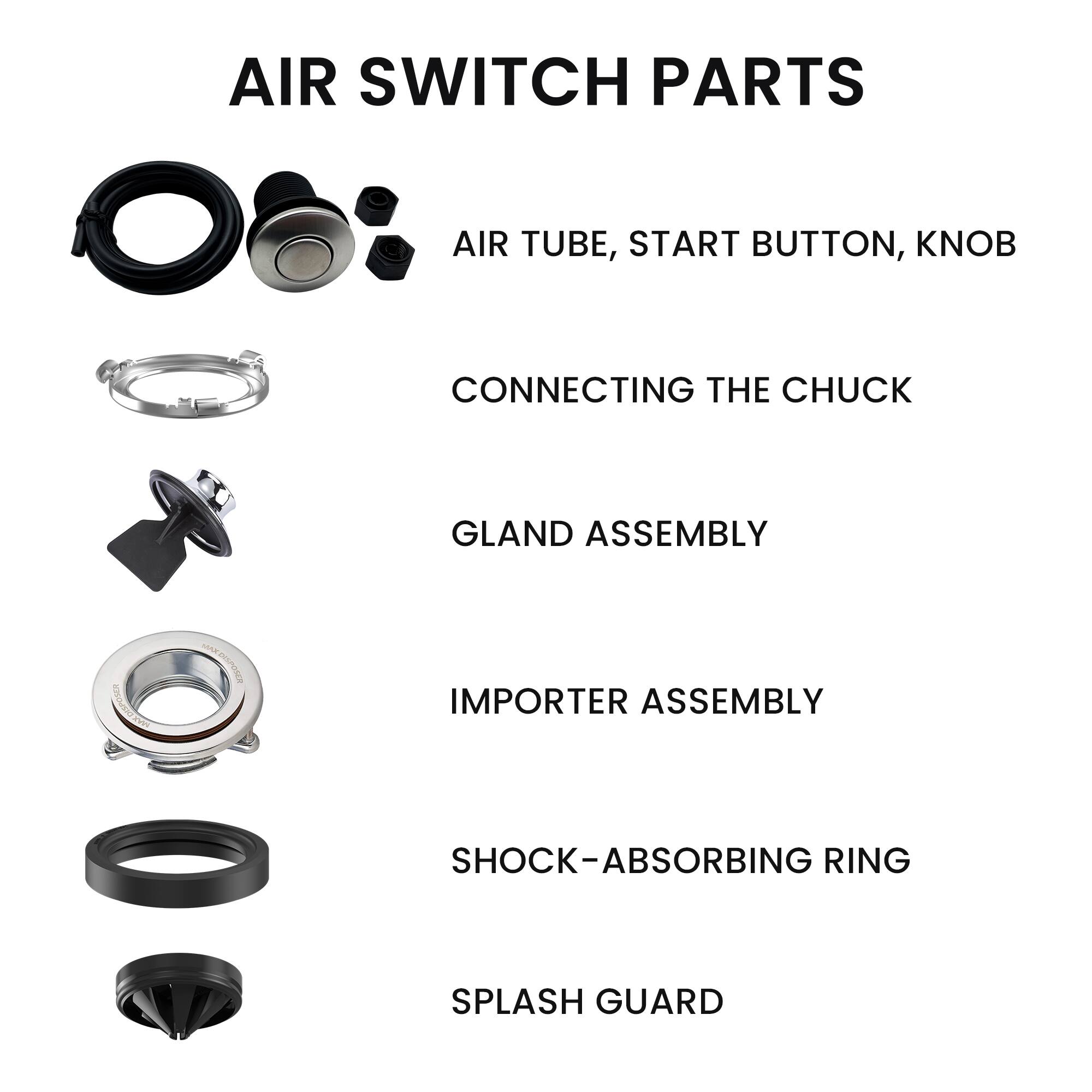 AIR SWITCH PARTS

- AIR TUBE, START BUTTON, KNOB
- CONNECTING THE CHUCK
- GLAND ASSEMBLY
- IMPORTER ASSEMBLY
- SHOCK-ABSORBING RING
- SPLASH GUARD