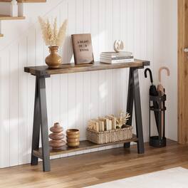Qeetex - Farmhouse Console Table, 43.3" Entryway Table with 2-Tier Storage & Metal Frame for Living Room, Hallway, Behind Couch - Brown