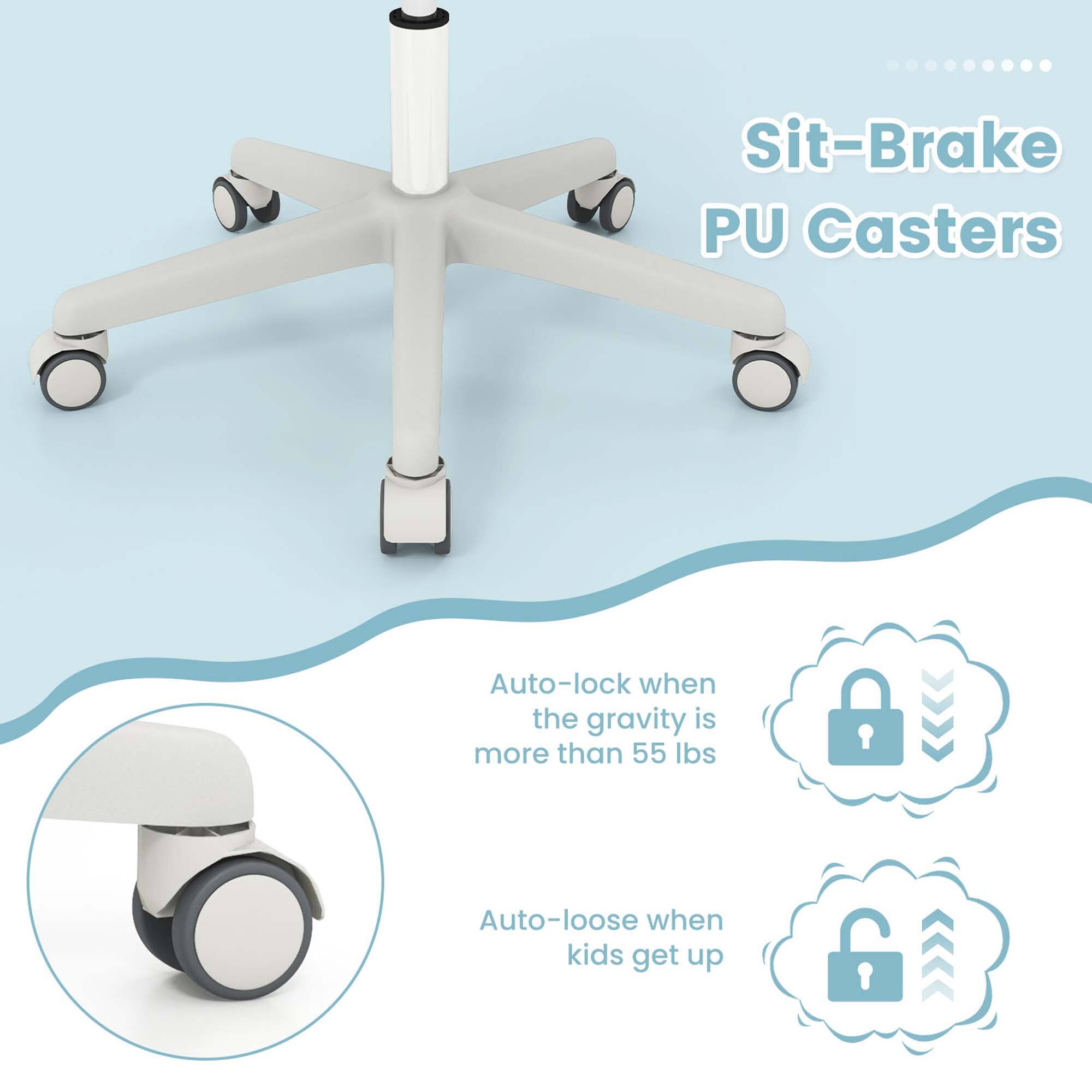 Sit-Brake PU Casters
Auto-lock when the gravity is more than 55 lbs
Auto-loose when kids get up