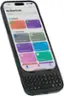 The image shows a smartphone with a keyboard on the bottom half of the screen. The keyboard has a variety of shortcuts and icons, including a search bar, a call button, a messaging app, and a zoom button. Additionally, there are icons for various other functions such as creating notes, checking remaining meetings, and accessing the gallery. The phone is also equipped with a camera and a microphone, which are essential for communication and multimedia purposes.