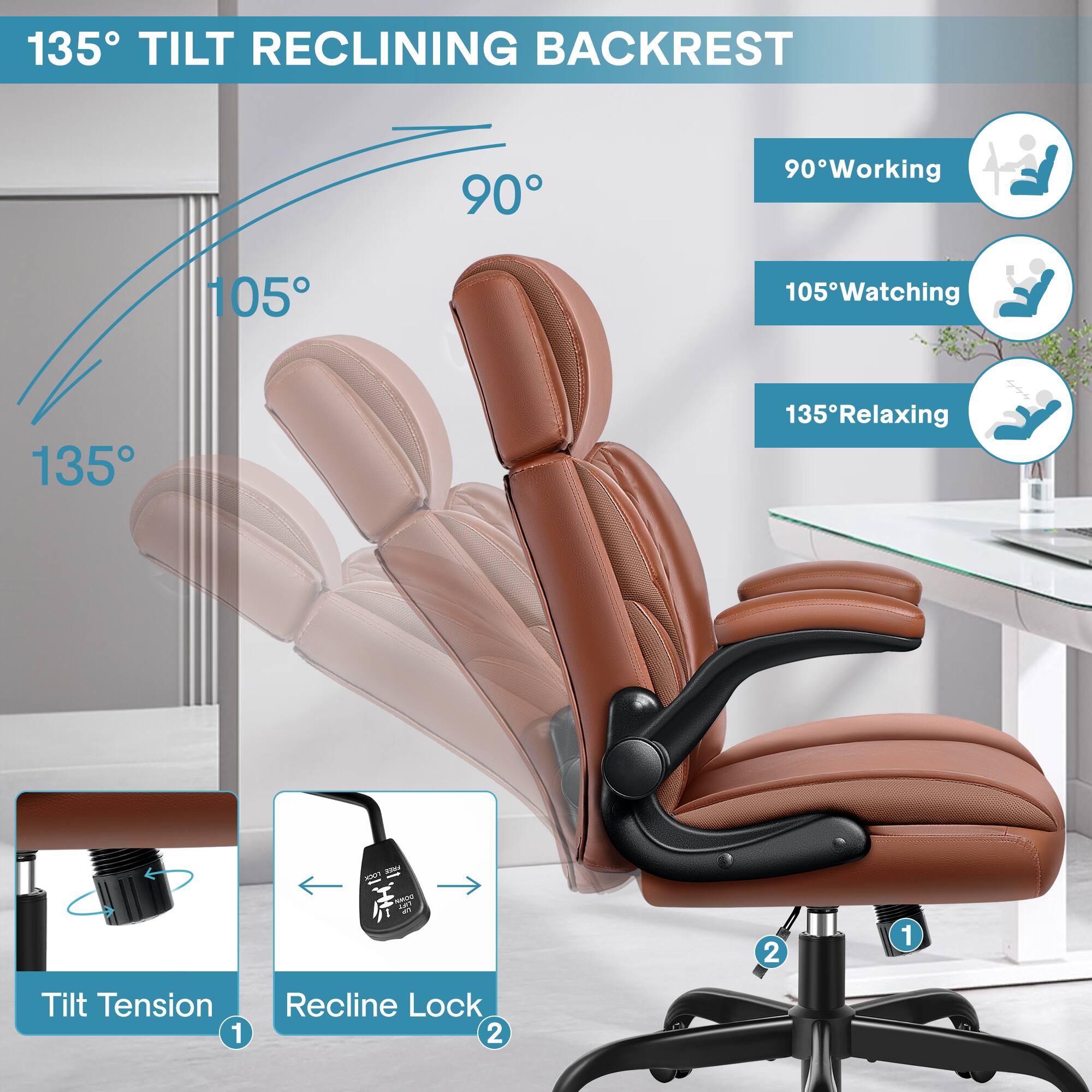 135° TILT RECLINING BACKREST

90° Working  
105° Watching  
135° Relaxing  

- Tilt Tension  
- Recline Lock