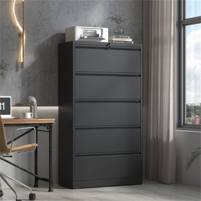 Angle. HTUTWOO - Metal Lateral File Cabinet with Lock - 5 Drawer Lockable File Cabinet for Home Office, Legal/Letter/A4/F4 Size - Black.