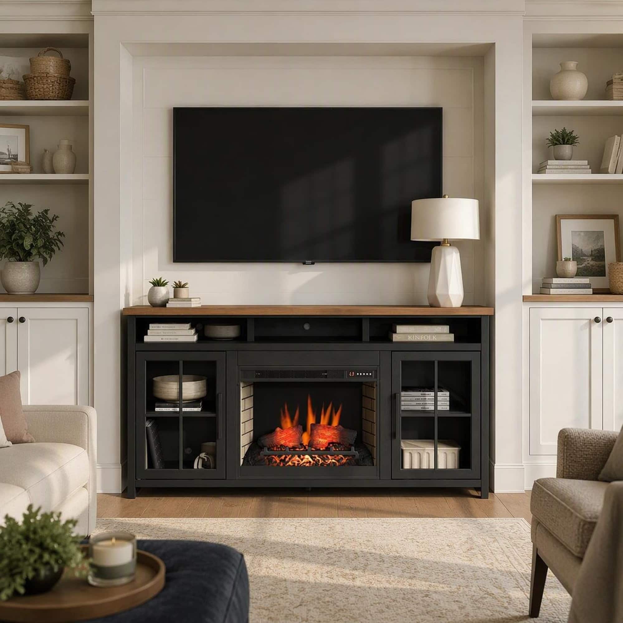 RYHNUYNE - 74 Inch Farmhouse Fireplace TV Stand, Fits Up To 85 Inch TVs For Living Room Media Storage Warm Ambience - Black