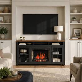 RYHNUYNE - 74 Inch Farmhouse Fireplace TV Stand, Fits Up To 85 Inch TVs For Living Room Media Storage Warm Ambience - Black