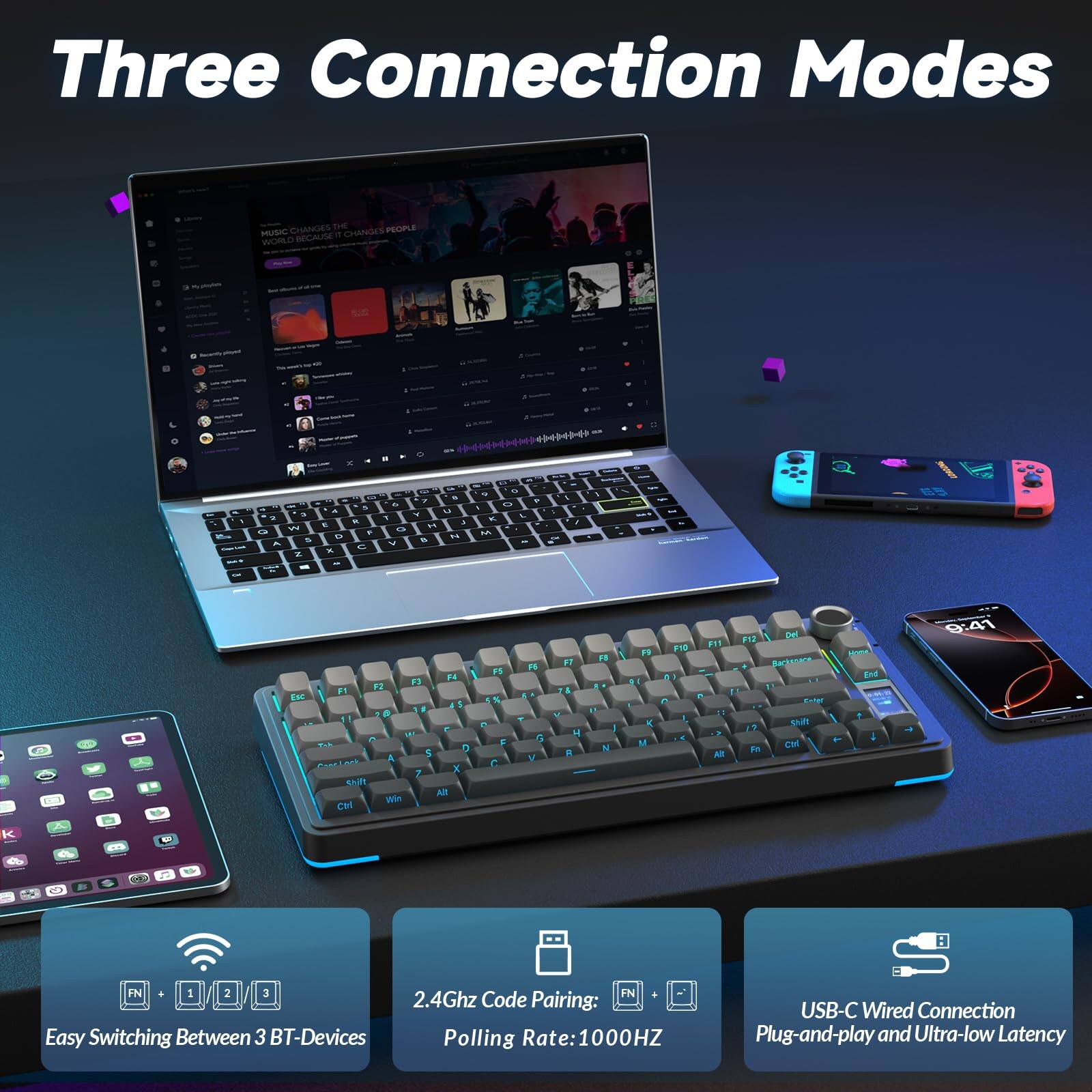 Three Connection Modes

- Easy Switching Between 3 BT-Devices
- 2.4Ghz Code Pairing: Polling Rate: 1000HZ
- USB-C Wired Connection: Plug-and-play and Ultra-low Latency