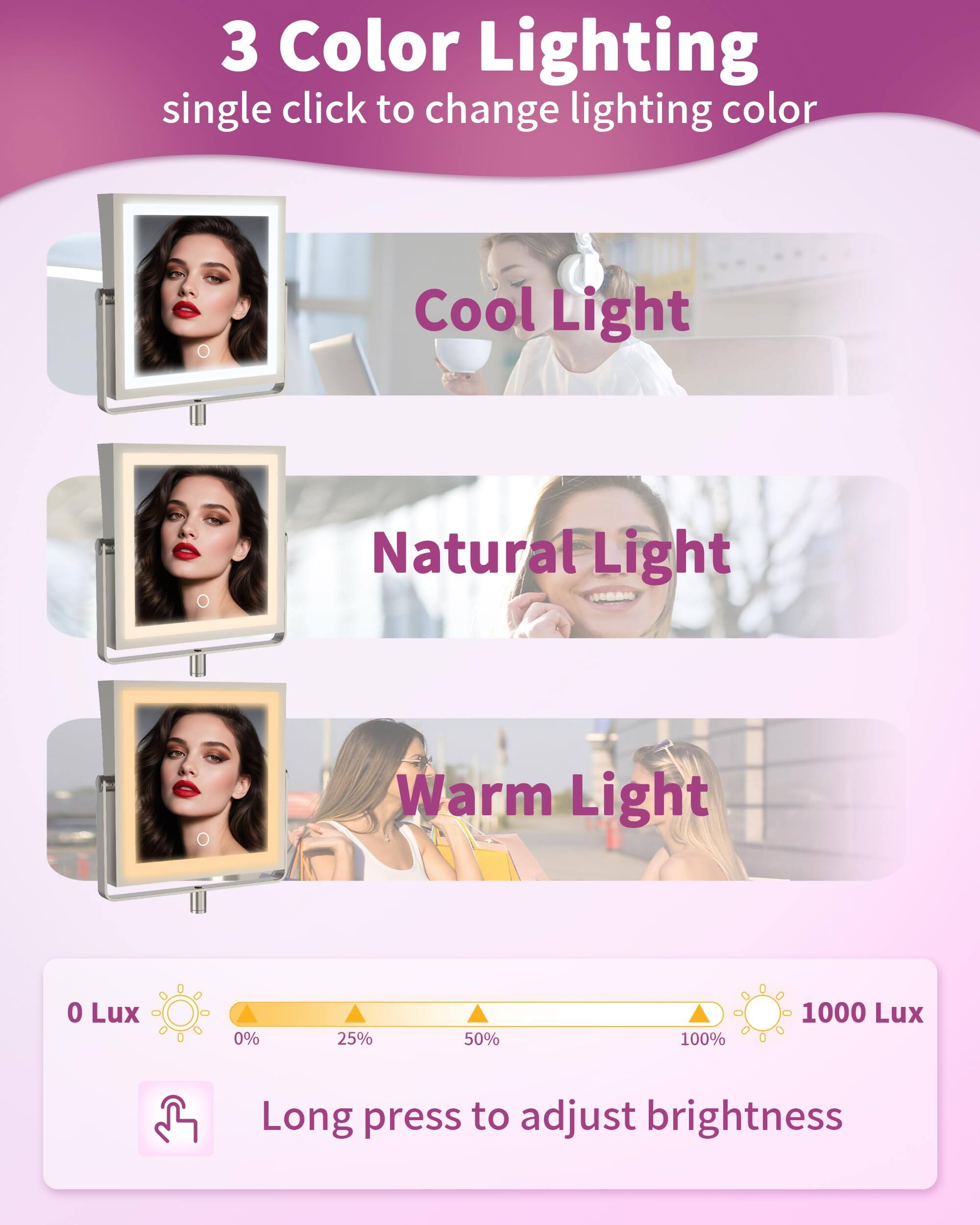 3 Color Lighting  
single click to change lighting color  

Cool Light  
Natural Light  
Warm Light  

0 Lux 0% 25% 50% 100% 1000 Lux  

Long press to adjust brightness