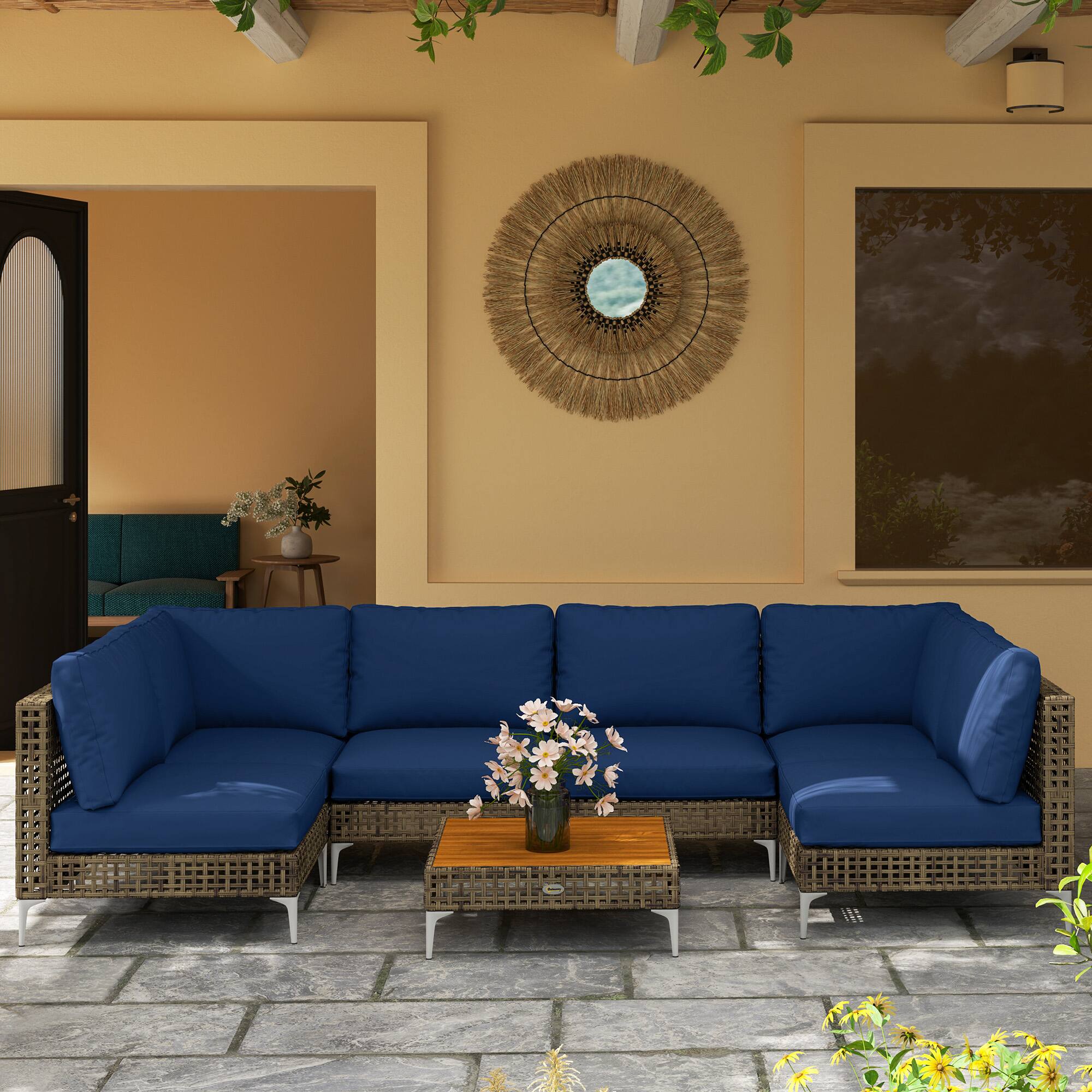Alt View 7. Outsunny - 7 Piece Wicker Patio Furniture Set, Modular Outdoor Sectional with Thickened Cushions - Brown/Dark Blue.