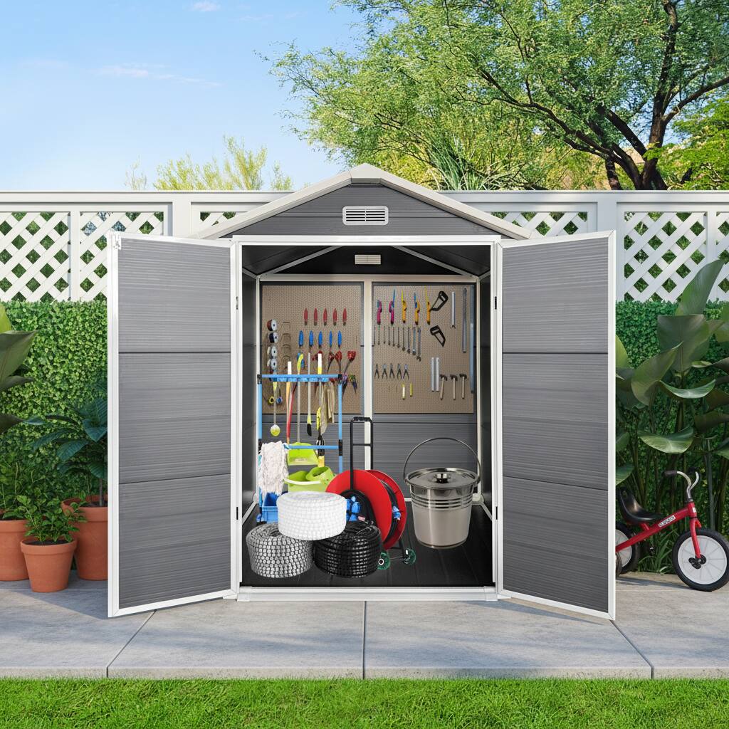 Alt View 5. Loheer - Loheer 6x6 Ft Plastic Outdoor Storage Shed Resin Garden Shed with Floor and Lockable Door Gray.