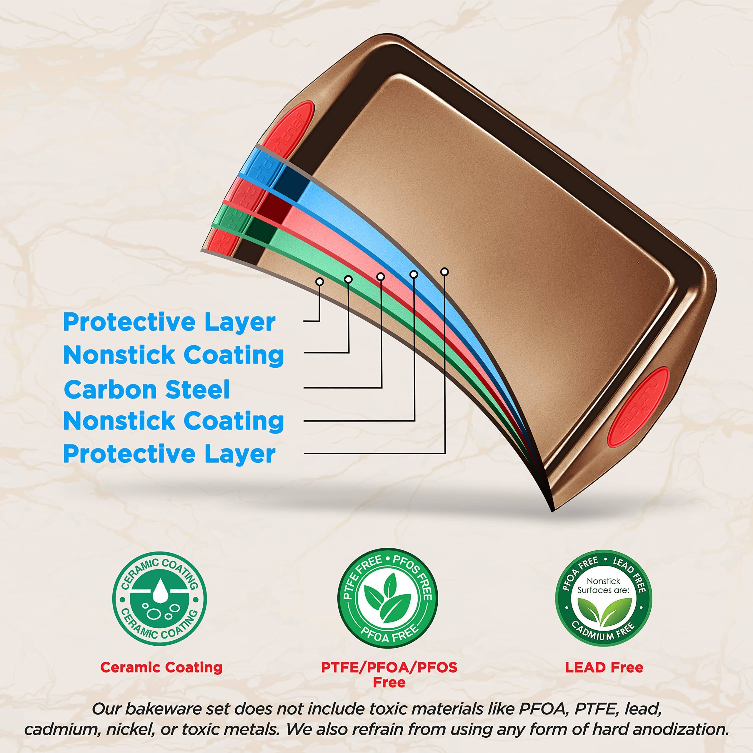 Protective Layer Nonstick Coating Carbon Steel Nonstick Coating Protective Layer

Ceramic Coating
PTFE/PFOA/PFOS Free
Lead Free

Our bakeware set does not include toxic materials like PFOA, PTFE, lead, cadmium, nickel, or toxic metals. We also refrain from using any form of hard anodization.