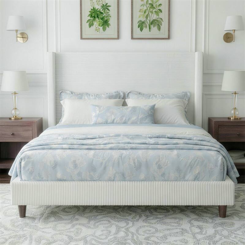 Angle. Dyonery - Dyonery  corduroy bed frame, 56-inch corduroy soft-padded bed frame, no box spring required，Queen，Cream color - White.