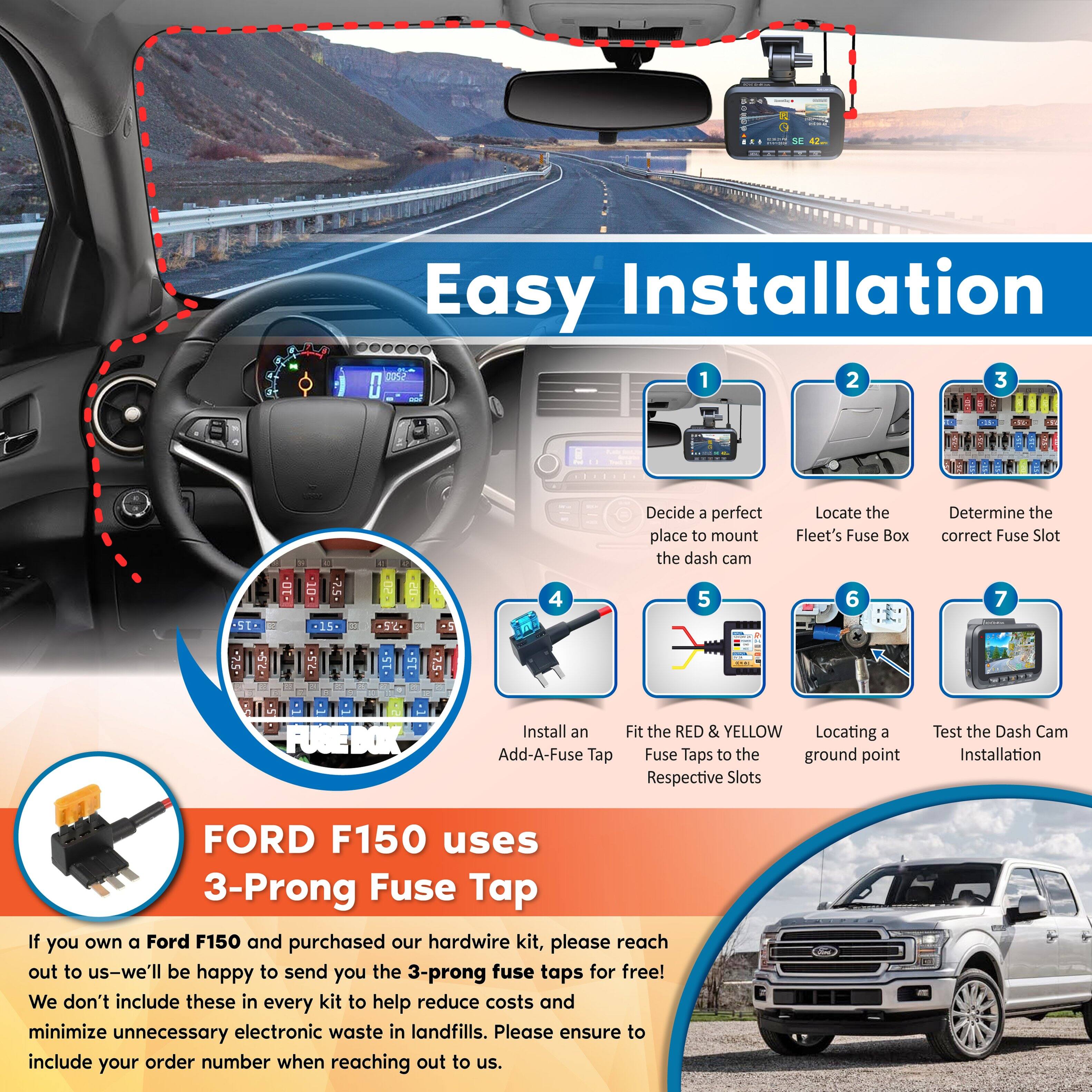 Easy Installation

1. Decide a perfect place to mount the dash cam.
2. Locate the Fleet's Fuse Box.
3. Determine the correct Fuse Slot.
4. Install an Add-A-Fuse Tap.
5. Fit the RED & YELLOW Locating a Fuse Taps to the ground point Respective Slots.
6. Test the Dash Cam Installation.

FORD F150 uses 3-Prong Fuse Tap

If you own a Ford F150 and purchased our hardwire kit, please reach out to us—we'll be happy to send you the 3-prong fuse taps for free! We don't include these in every kit to help reduce costs and minimize unnecessary electronic waste in landfills. Please ensure to include your order number when reaching out to us.