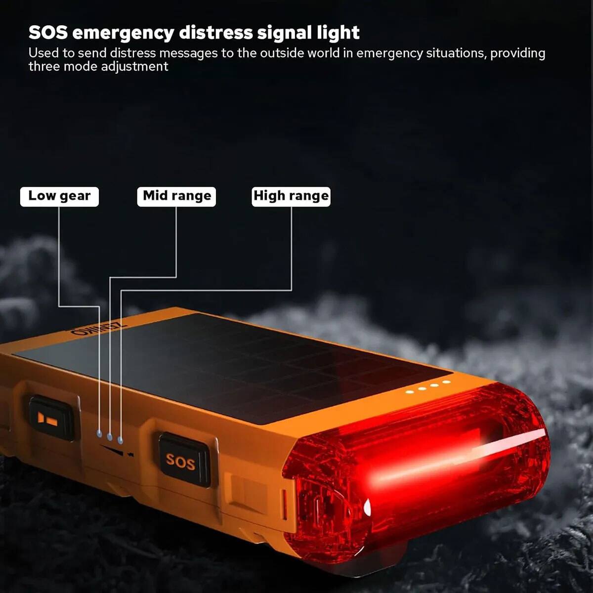 SOS emergency distress signal light  
Used to send distress messages to the outside world in emergency situations, providing three mode adjustment  
Low gear  
Mid range  
High range