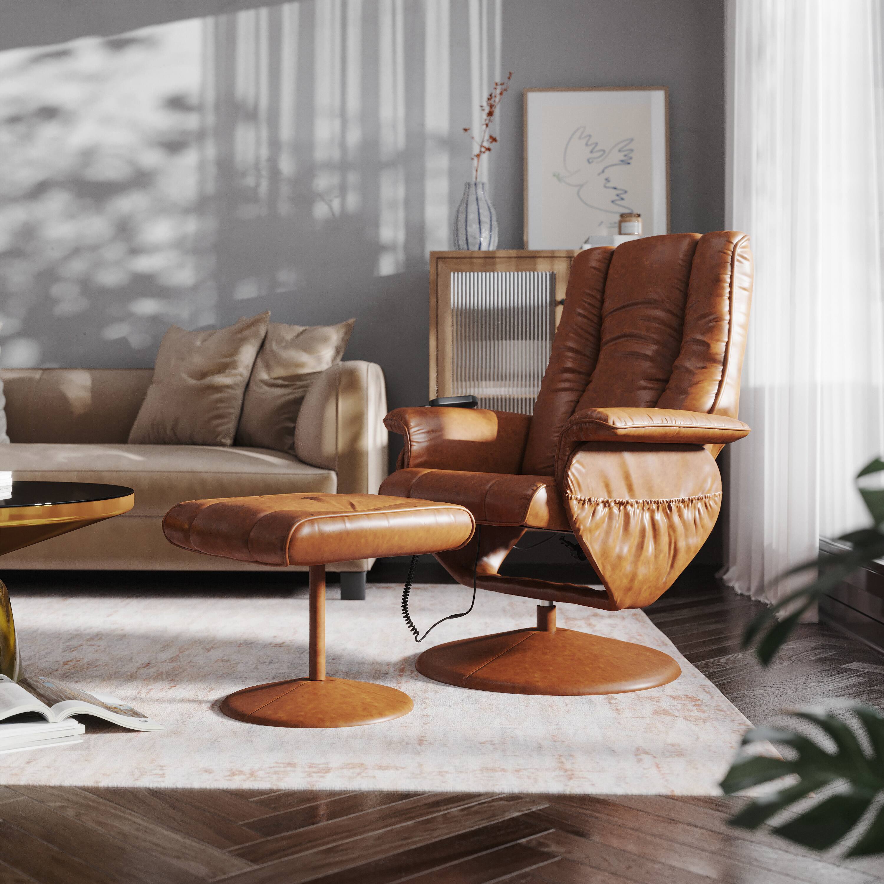 Alt View 2. Emma + Oliver - Massaging Multi-Position Recliner and Ottoman with Wrapped Base - Brown.