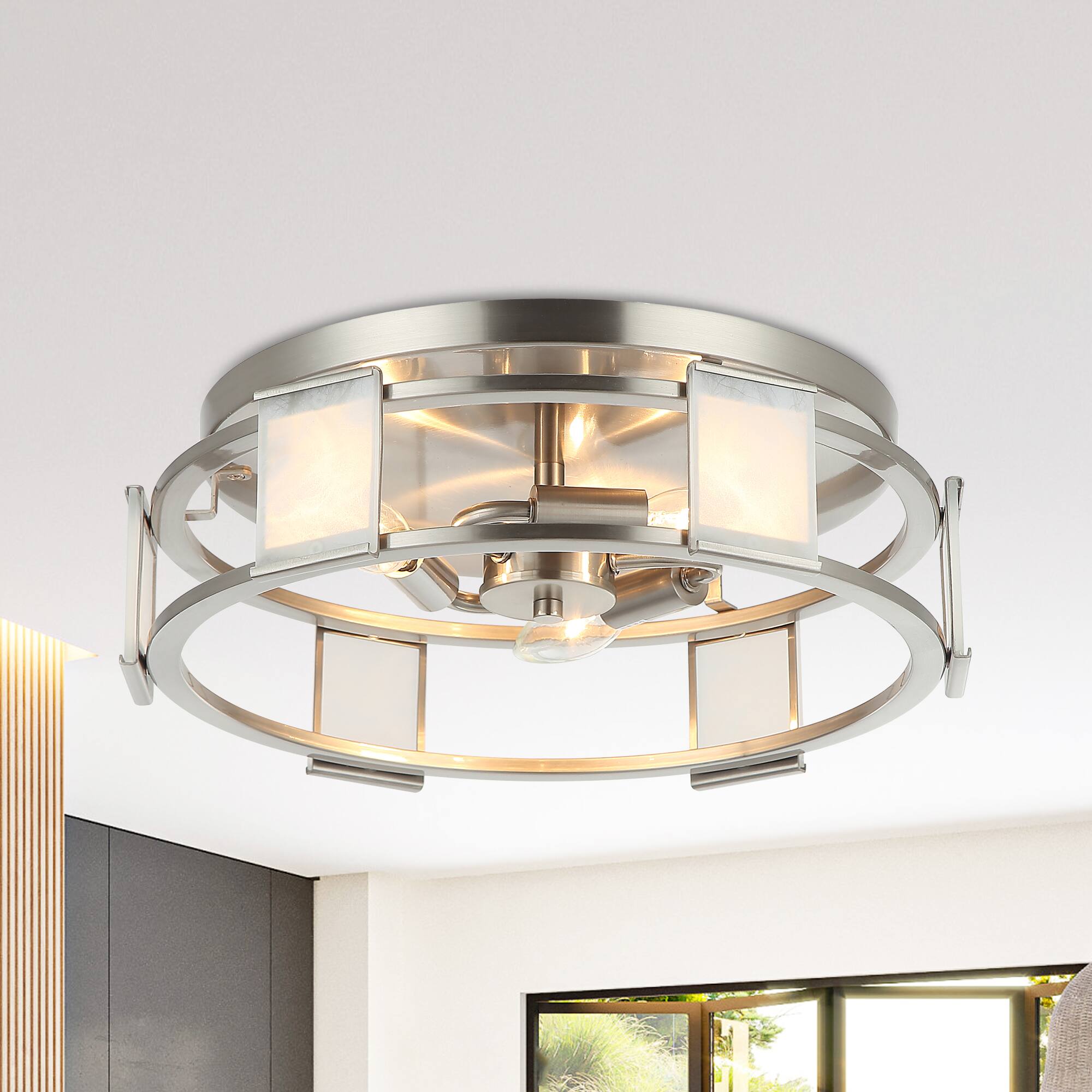 Front. Parrot Uncle - Modern Silver 3-Light Flush Mount Ceiling Light - Silver.
