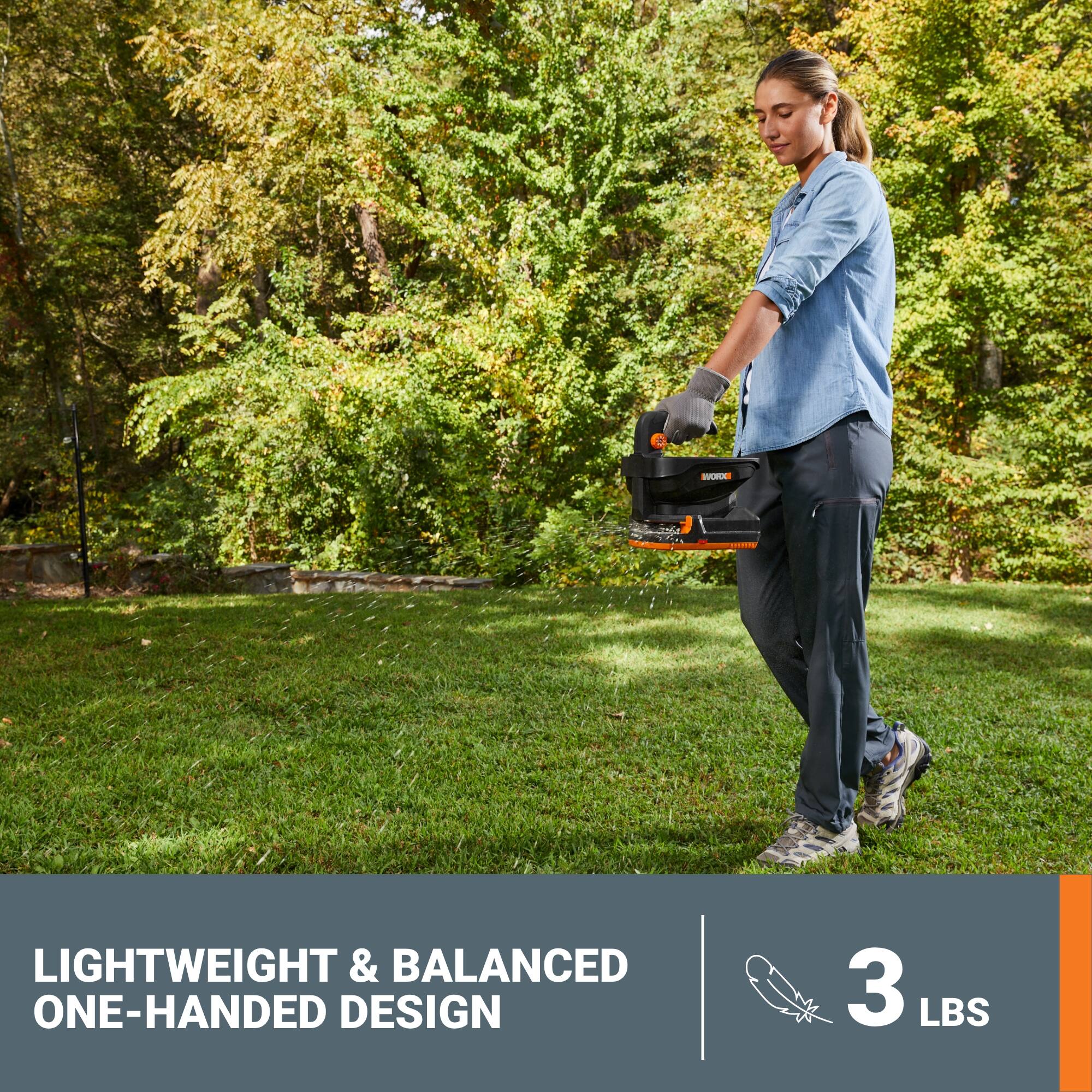 The text on the image reads "Lightweight & Balanced One-Handed Design 3 LBS." This suggests that the woman is using a lightweight and balanced tool, which is designed for one-handed operation and weighs 3 pounds.