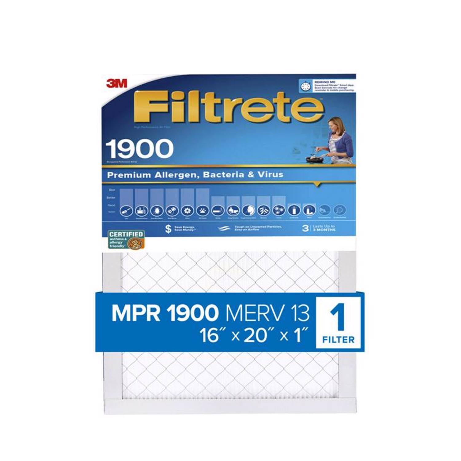 3M Filtrete 1900 Premium Allergen, Bacteria & Virus CERTIFIED - $ Up to 3 MONTHS MPR 1900 MERV 13 16" X 20" X 1" FILTER