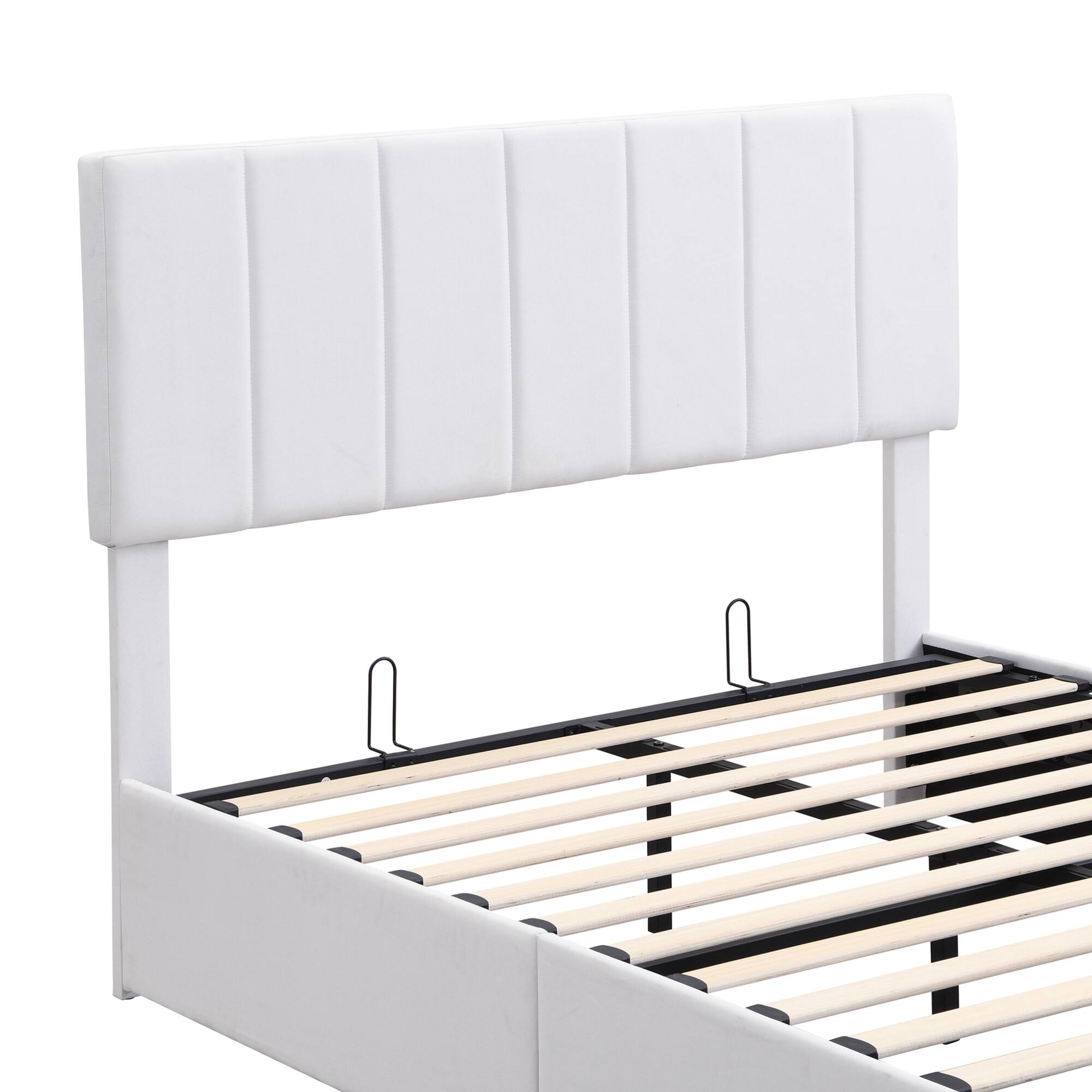 Alt View 7. GOODSILO - Full Size Upholstered Platform Bed with Hydraulic Storage System and Wooden Slat Support - White.