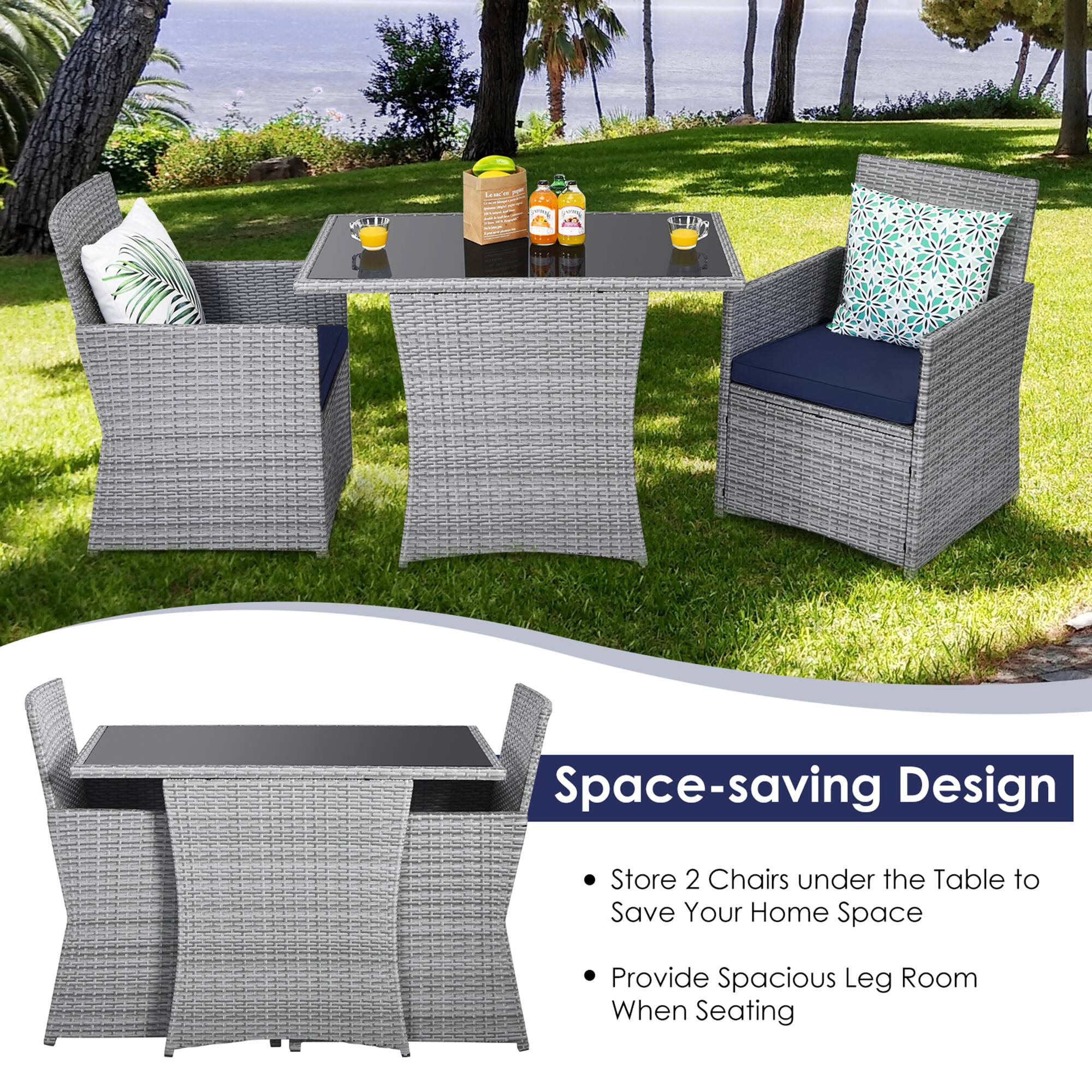 Space-saving Design

- Store 2 Chairs under the Table to Save Your Home Space
- Provide Spacious Leg Room When Seating