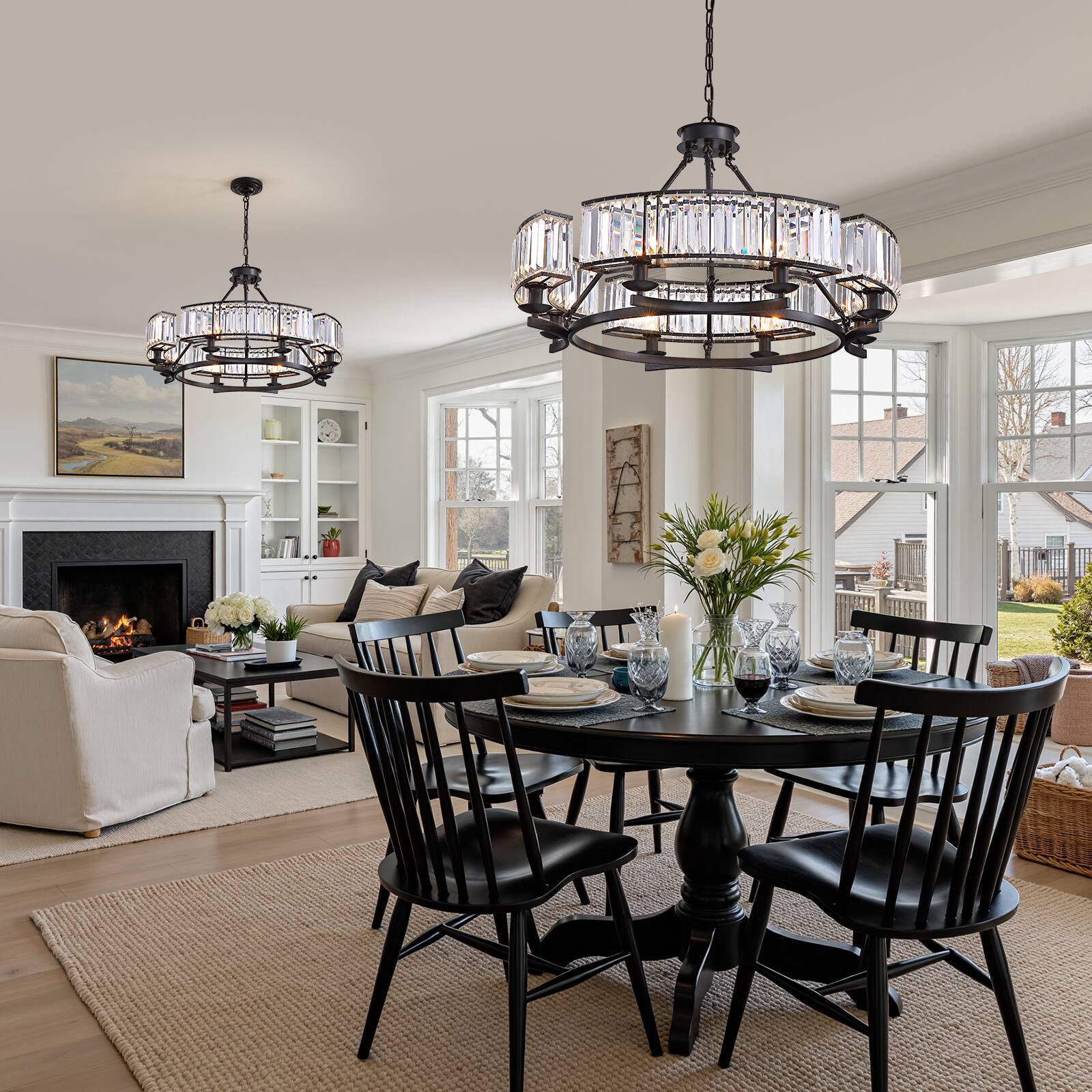 Back. Siljoy - 31.5" 8-Light Black Farmhouse Round Crystal Chandelier, Adjustable Chain Pendant Light for Dining Room Kitchen Island - Black.