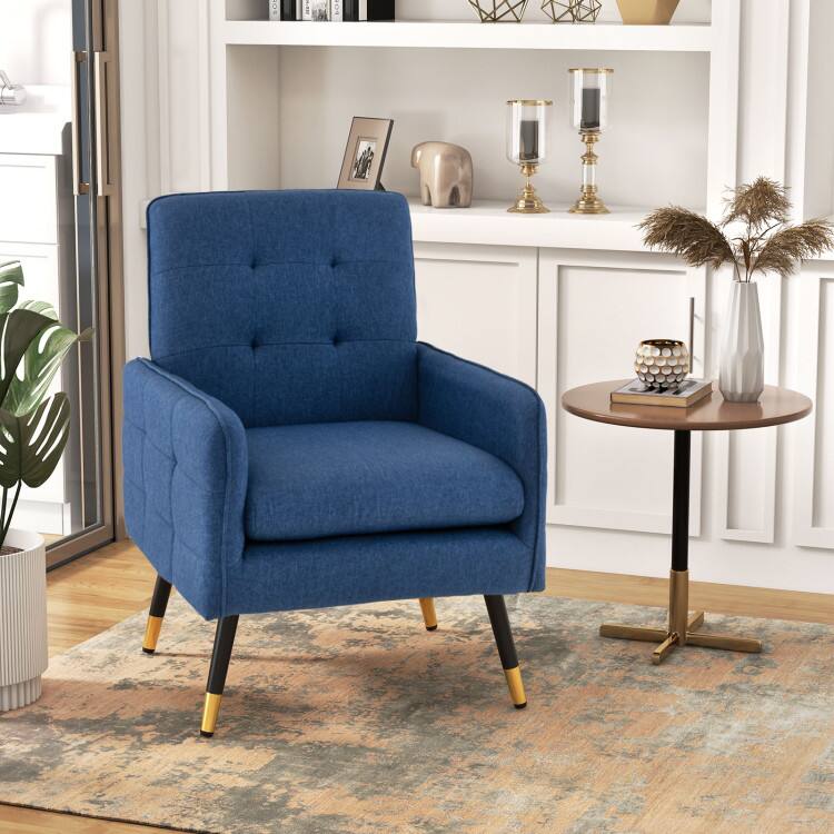 Left. SlickBlue - Linen Fabric Accent Chair with Removable Cushion for Living Room or Bedroom - Blue.