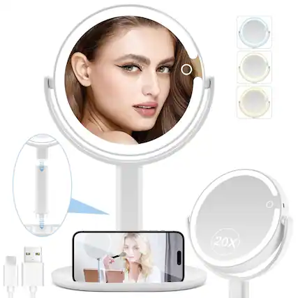Front. Stamp n Camp - Lighted Makeup Mirror, 20X Magnifying Mirror with Light and Adjustable Brightness, Vanity Mirror with 3 Color Light... - White-8.8in.