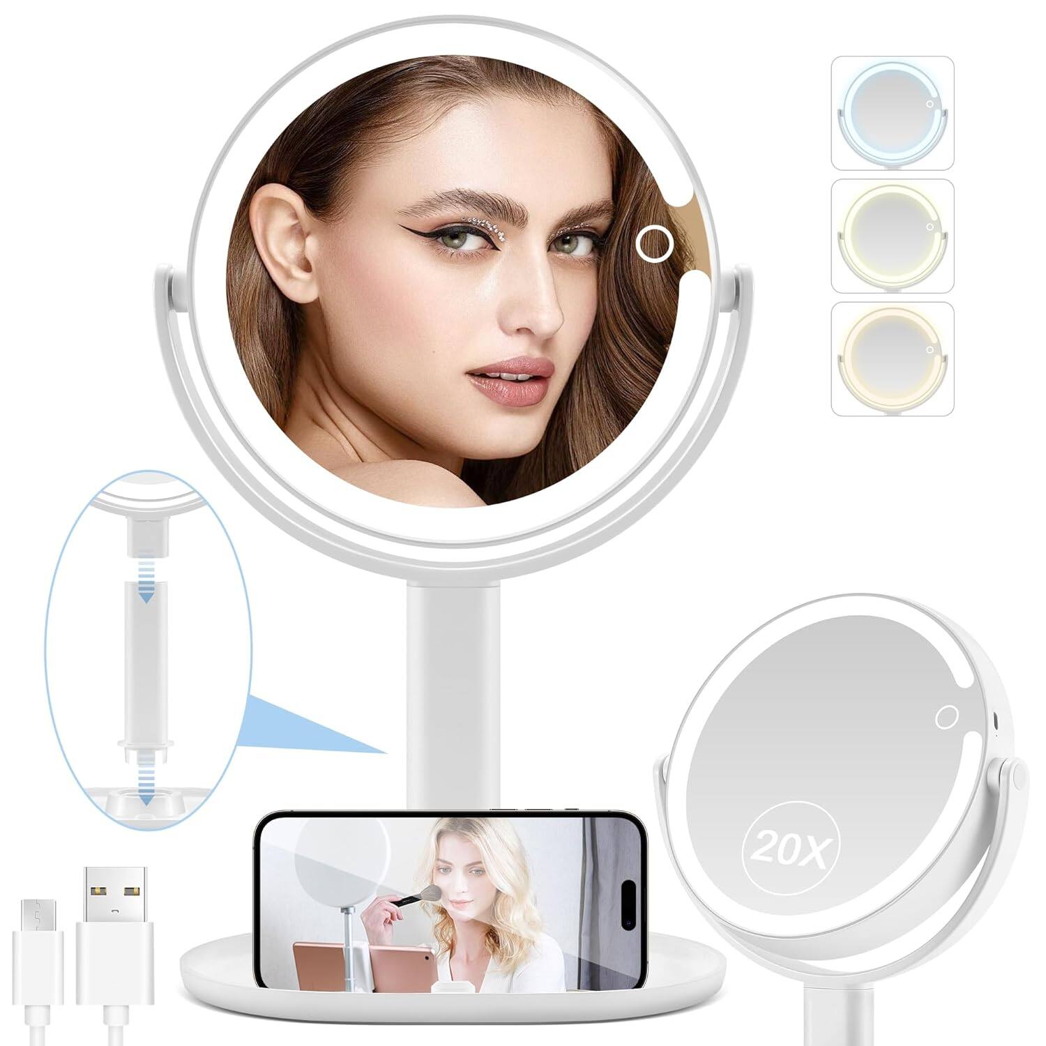 Stamp n Camp - Lighted Makeup Mirror, 20X Magnifying Mirror with Light and Adjustable Brightness, Vanity Mirror with 3 Color Light - White-8.8in