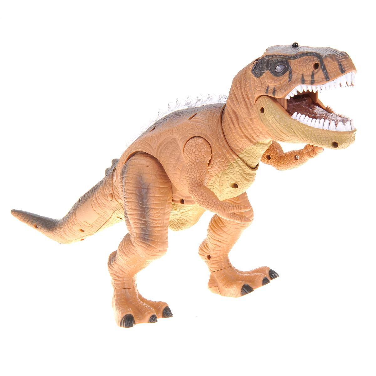 Left. JuzToys - Remote Control Dinosaur Toy, Walking T-Rex with Light & Sound Effects, RC Dino Toy for Kids – Brown - Brown.