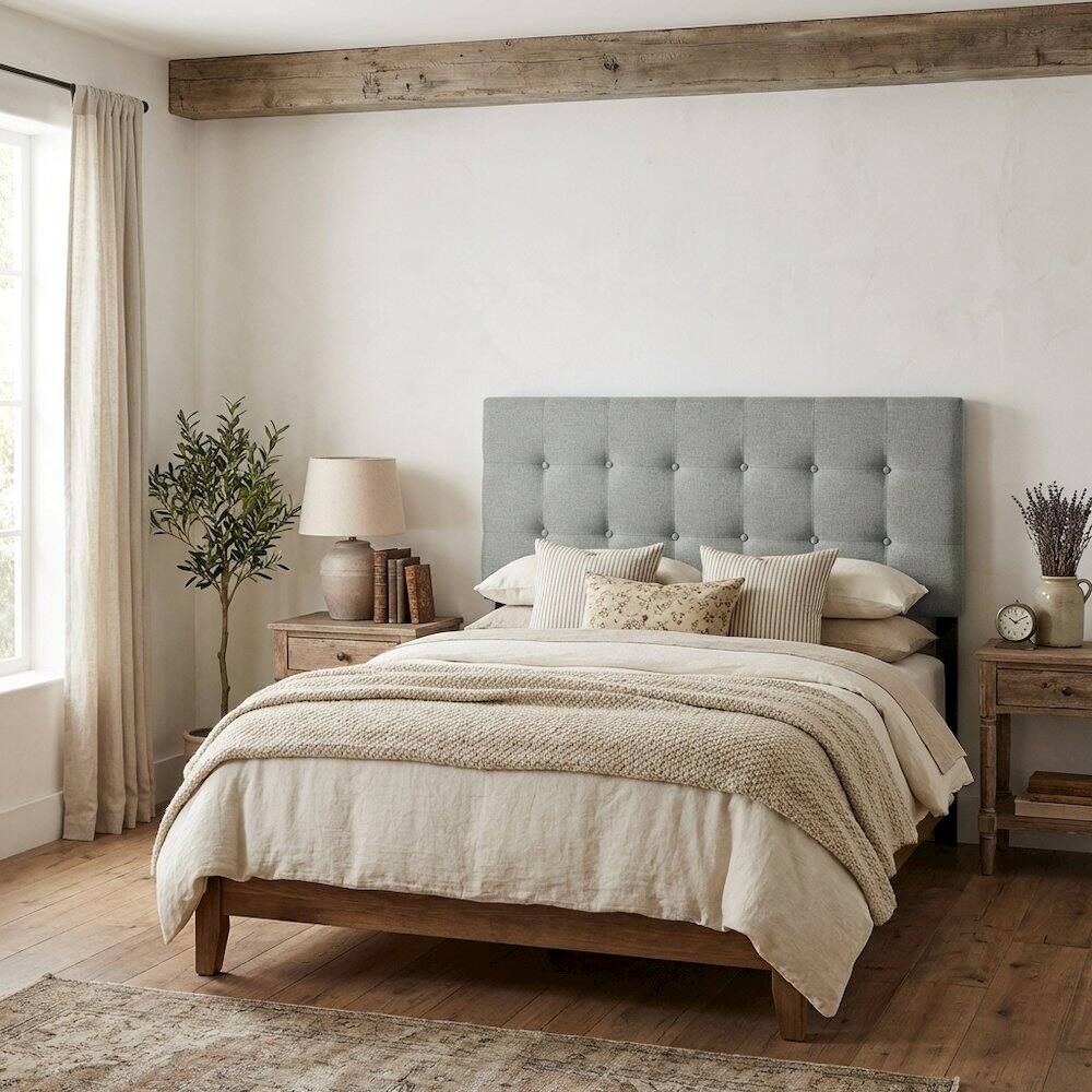 Angle. FurniFact - Upholstered Fabric Queen Headboard with Padded Design and Durable Frame - Gray.