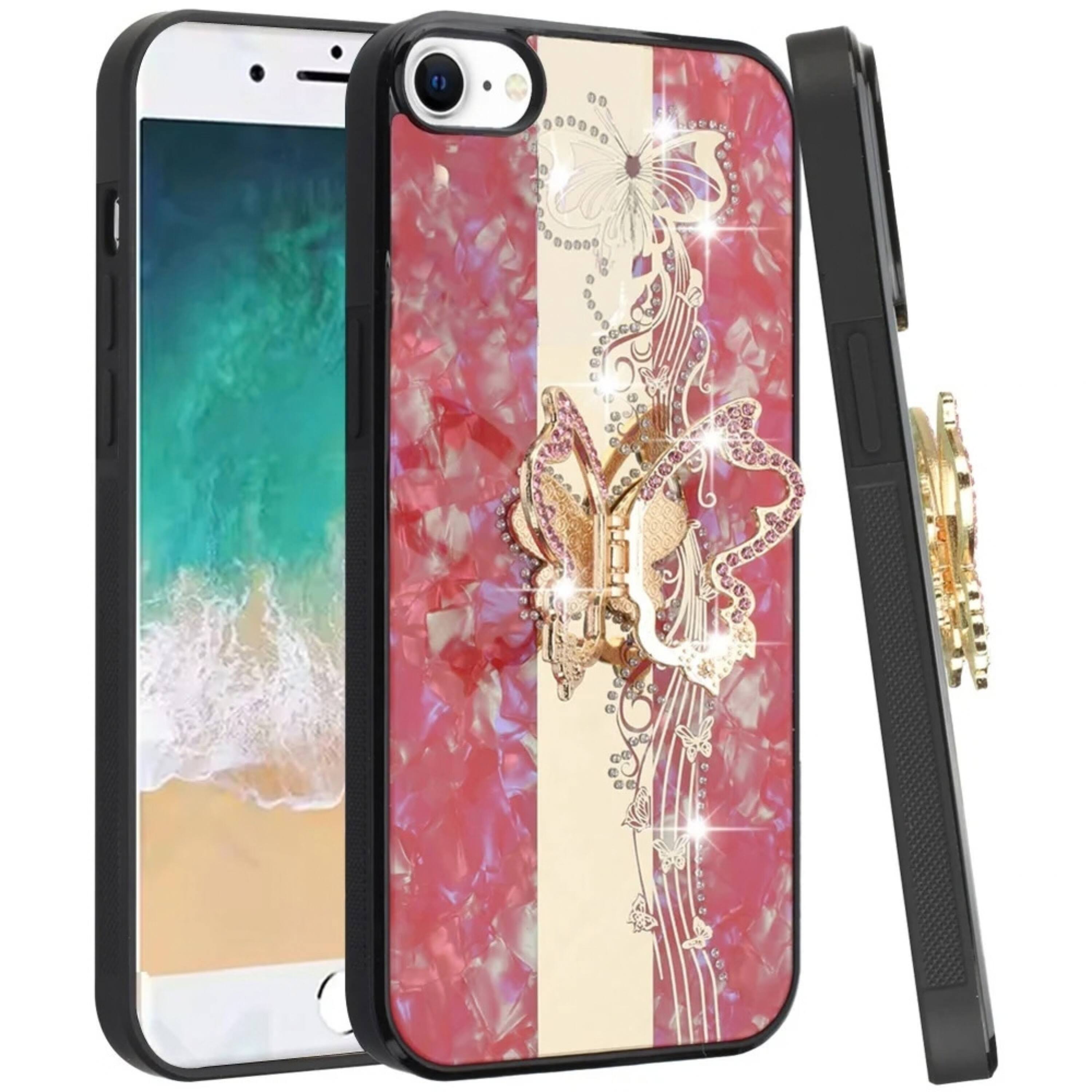 Angle. Kitcheniva - Crystal Diamond Glitter Phone Case With Tempered Glass For iPhone 16e 17e Butterfly Red - Red.