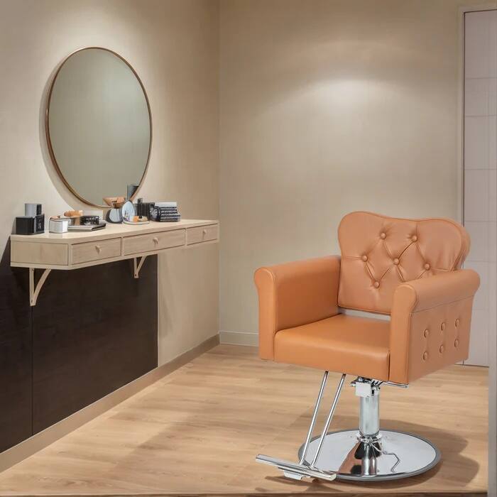 Angle. Winado - Elegant Design Barber Chair Salon Chair with & Tufted Button, Footrest, Hydraulic Pump and Adjustable Height for Beauty - Camel & Silver.