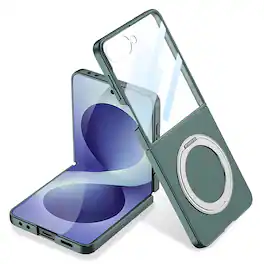 Dteck - for Samsung Galaxy Z Flip8 Slim Magnetic Case with Kickstand Built-in Glass Screen Protector Non-Slip Hard PC Back Cover - Darkgreen