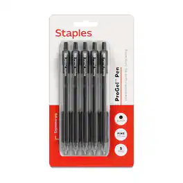 Staples - Retractable Gel Pens, Fine Point 0.7mm, Black Ink, 5 Pack – ProGel Quick‑Dry Pens