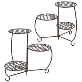 Sunnydaze - 3-Tier Triple Plant Stand with Checkered Base - 24 in - Set of 2 - Bronze