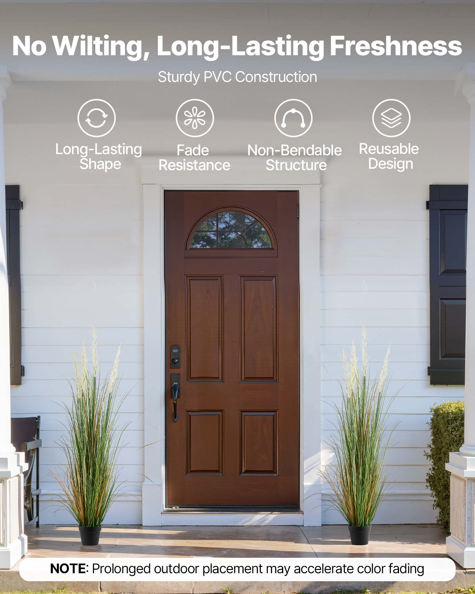 No Wilting, Long-Lasting Freshness  
Sturdy PVC Construction  

- Long-Lasting Shape  
- Fade Resistance  
- Non-Bendable Structure  
- Reusable Design  

NOTE: Prolonged outdoor placement may accelerate color fading