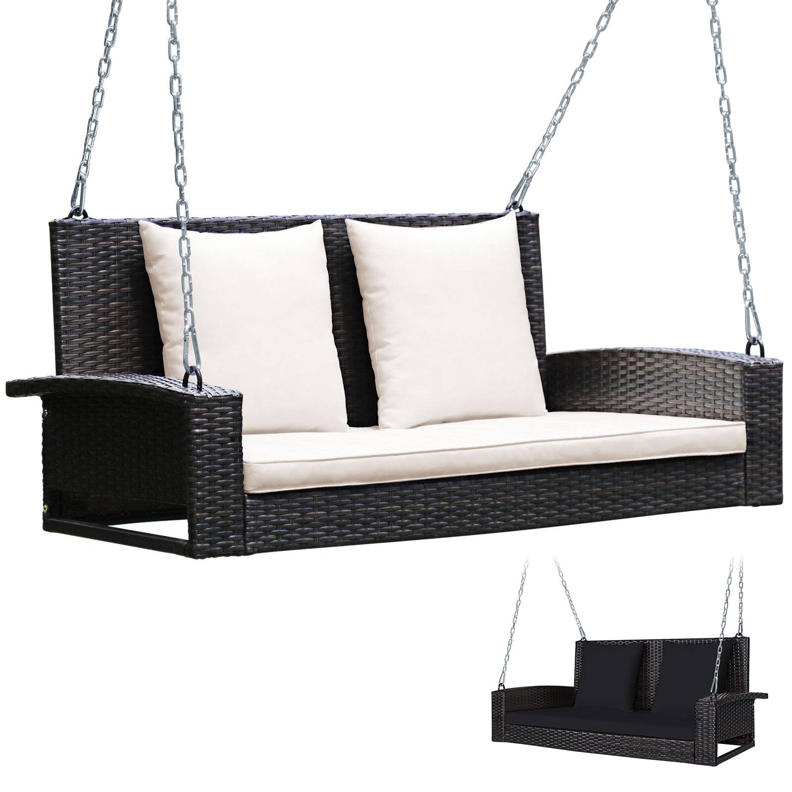 Front. Costway - Costway Patiojoy 2-Person Patio Rattan Hanging Porch Swing Bench Chair Cushion - White,Black.