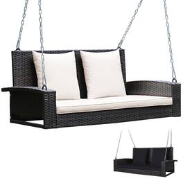 Costway - Patiojoy 2-Person Patio Rattan Hanging Porch Swing Bench Chair Cushion - White,Black
