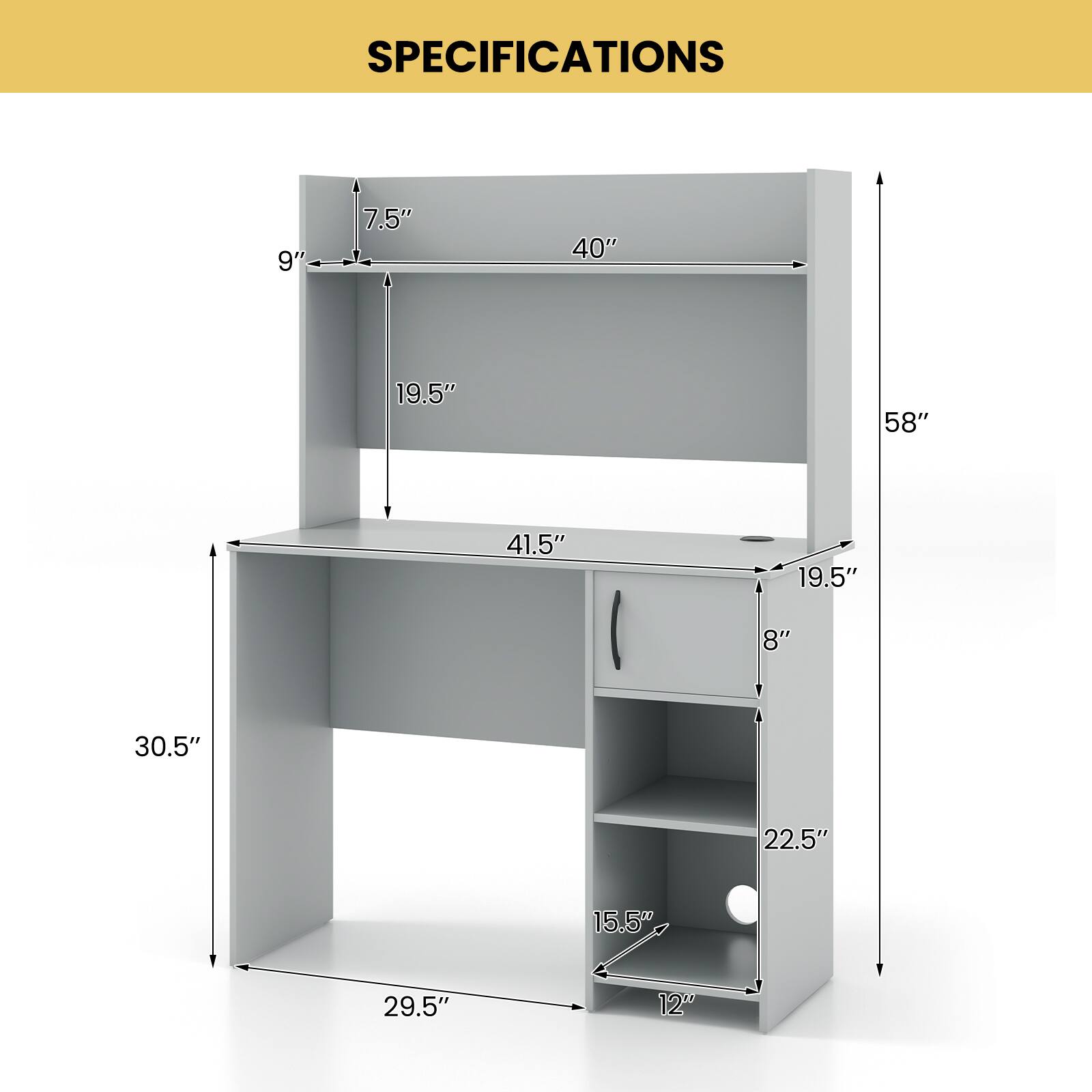 SPECIFICATIONS

- 9"
- 7.5"
- 40"
- 19.5"
- 58"
- 41.5"
- 19.5"
- 8"
- 30.5"
- 22.5"
- 15.5"
- 29.5"
- 12"
- 29.5"