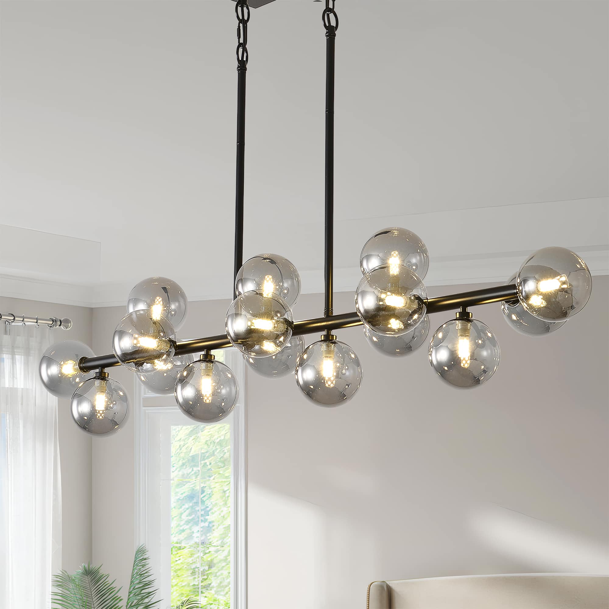 Front. RYHNUYNE - 55 Inch Industrial Sputnik Chandelier 16-Light Linear Pendant Smoky Gray Glass Globes Adjustable for Kitchen Island.