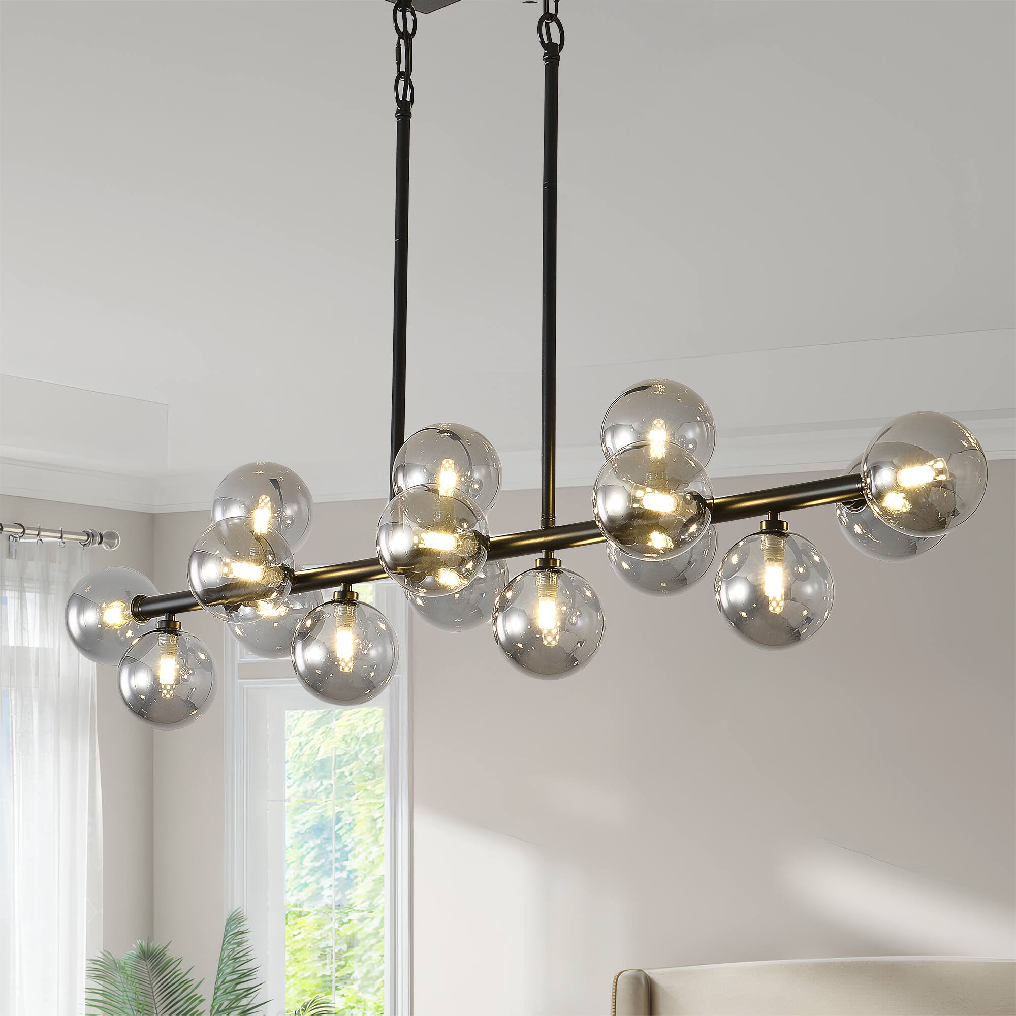 Front. RYHNUYNE - 55 Inch Industrial Sputnik Chandelier 16-Light Linear Pendant Smoky Gray Glass Globes Adjustable for Kitchen Island.