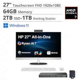 HP - 27 All-in-One 27 FHD Display (Ryzen AI 7 350, 64GB, 2TB SSD, AMD Radeon 680M, WiFi 6, Win 11 Home) - White
