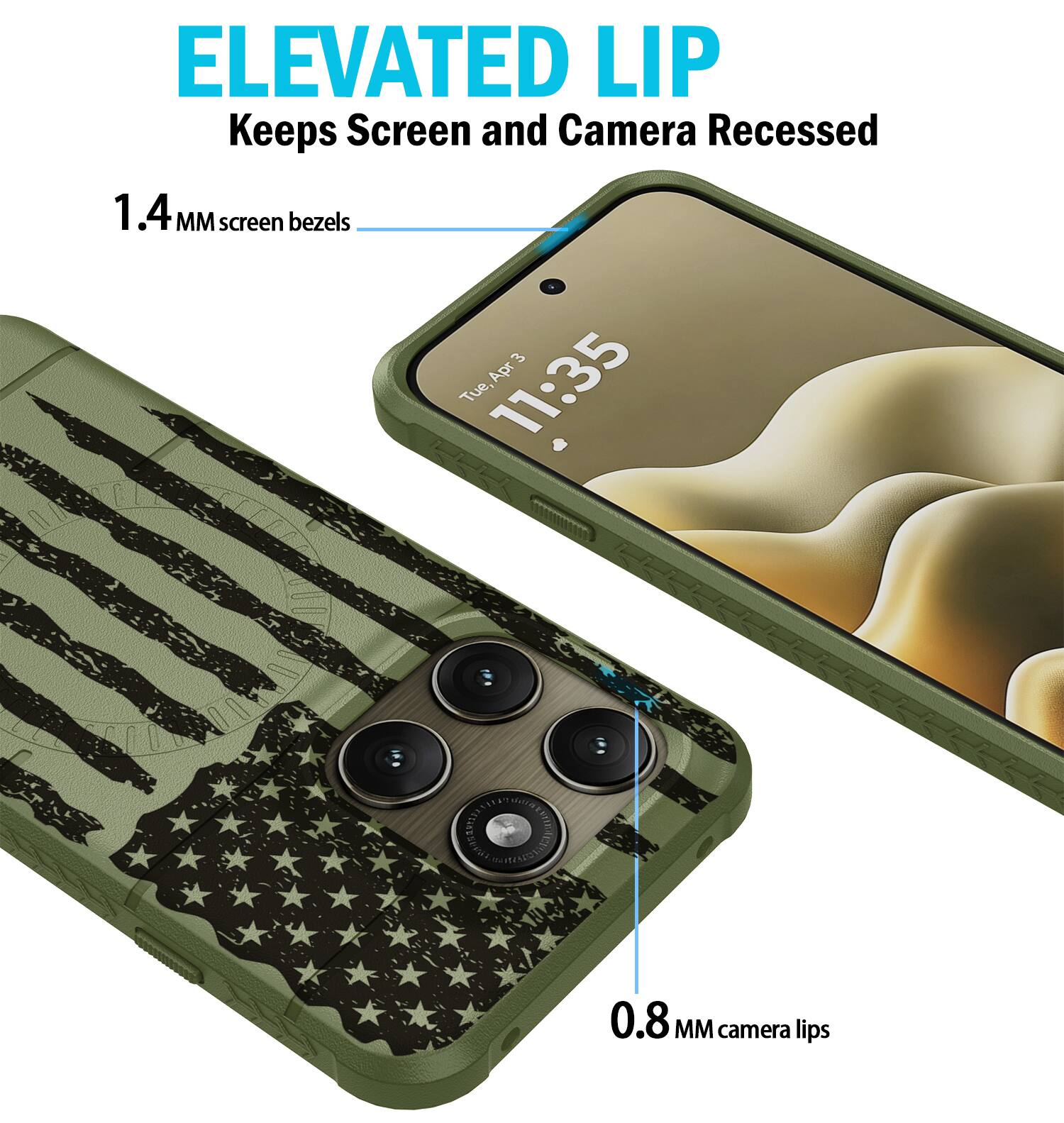 ELEVATED LIP  
Keeps Screen and Camera Recessed  
1.4 MM screen bezels  
3 Apr 11:35 Tue  
0.8 MM camera lips