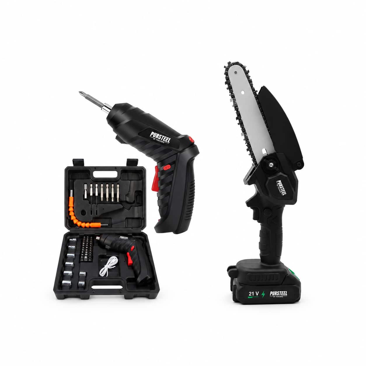 Pursonic - Rechargeable Electric Screwdriver 47-Piece Set & 6-Inch Cordless Mini Chainsaw Bundle