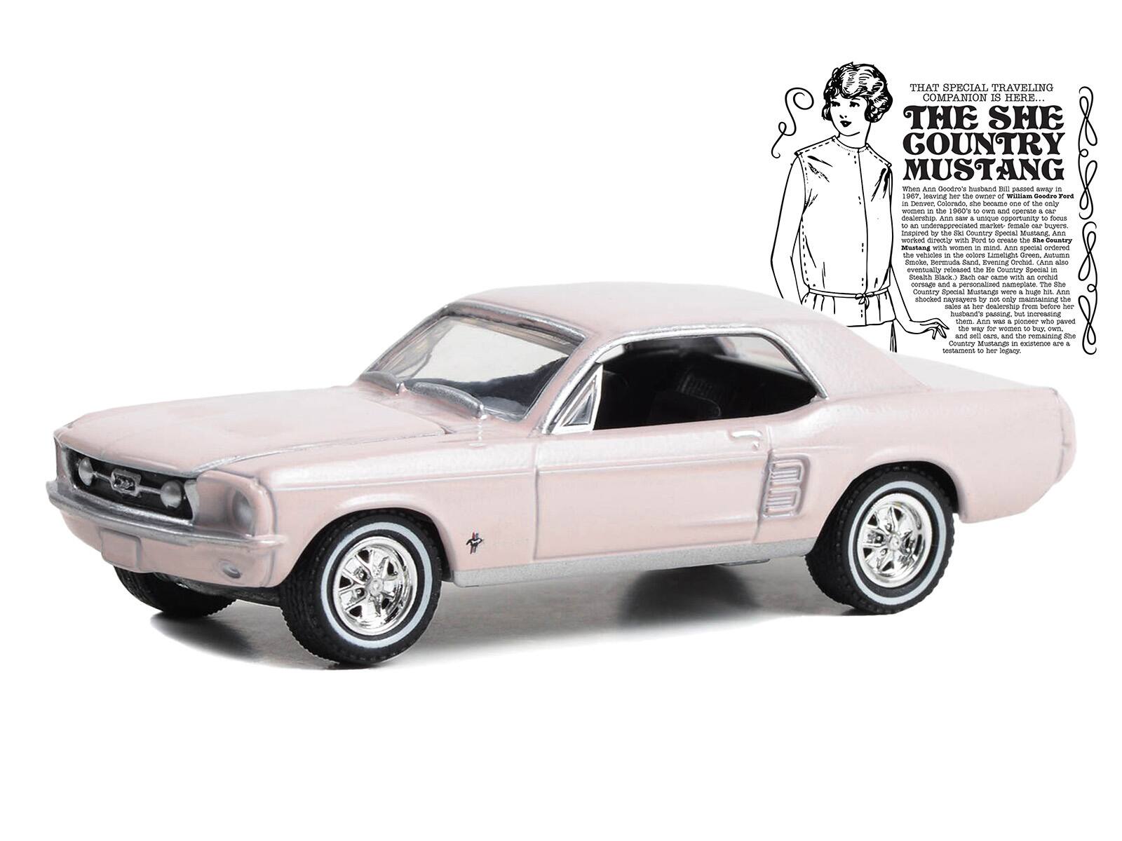 That special traveling companion is here... THE SHE COUNTRY MUSTANG

When Ann Goodrich's husband Bill passed away in Denver, Colorado, she became one of the only female car buyers in the country. Ann saw a unique opportunity to focus on an underserved market, the female car buyer. She worked directly with Ford to create the She Country Mustang, a special edition of the Mustang in the color Limestone Green, Autumn Sand, and Evening Crimson. Ann eventually released the She Country Special in 1970, a customized Mustang with a personalized nameplate. The She Country Special Mustangs were a huge hit. Ann sold cars at her dealership from before her husband's passing and continued to sell cars, and the remaining She Country Mustangs are a testament to her legacy.