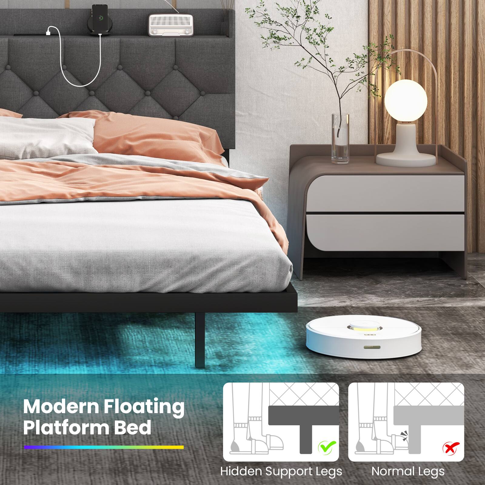 Modern Floating Platform Bed  
Hidden Support Legs  
Normal Legs
