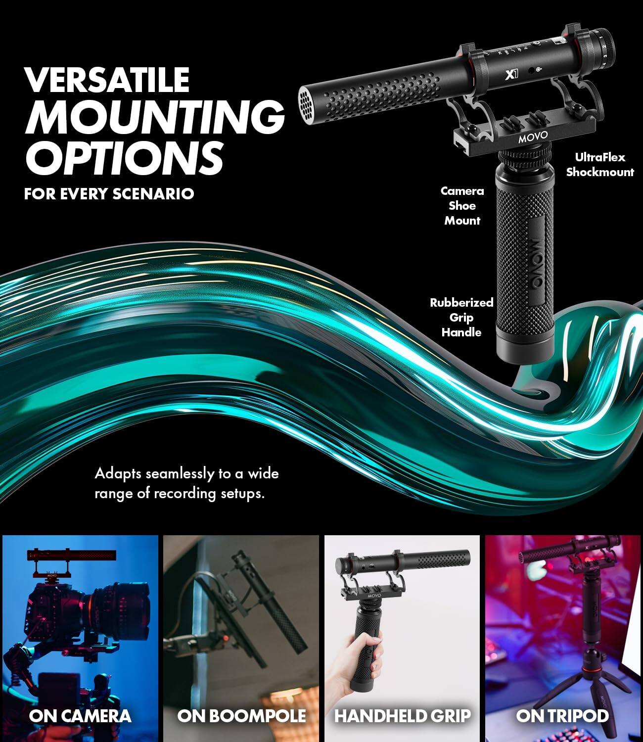 VERSATILE MOUNTING OPTIONS FOR EVERY SCENARIO

Camera Shoe Mount  
XI MOVO UltraFlex Shockmount  
Rubberized Grip Handle  
Adapts seamlessly to a wide range of recording setups.  

ON CAMERA  
ON BOOMPOLE  
HANDHELD GRIP  
ON TRIPOD