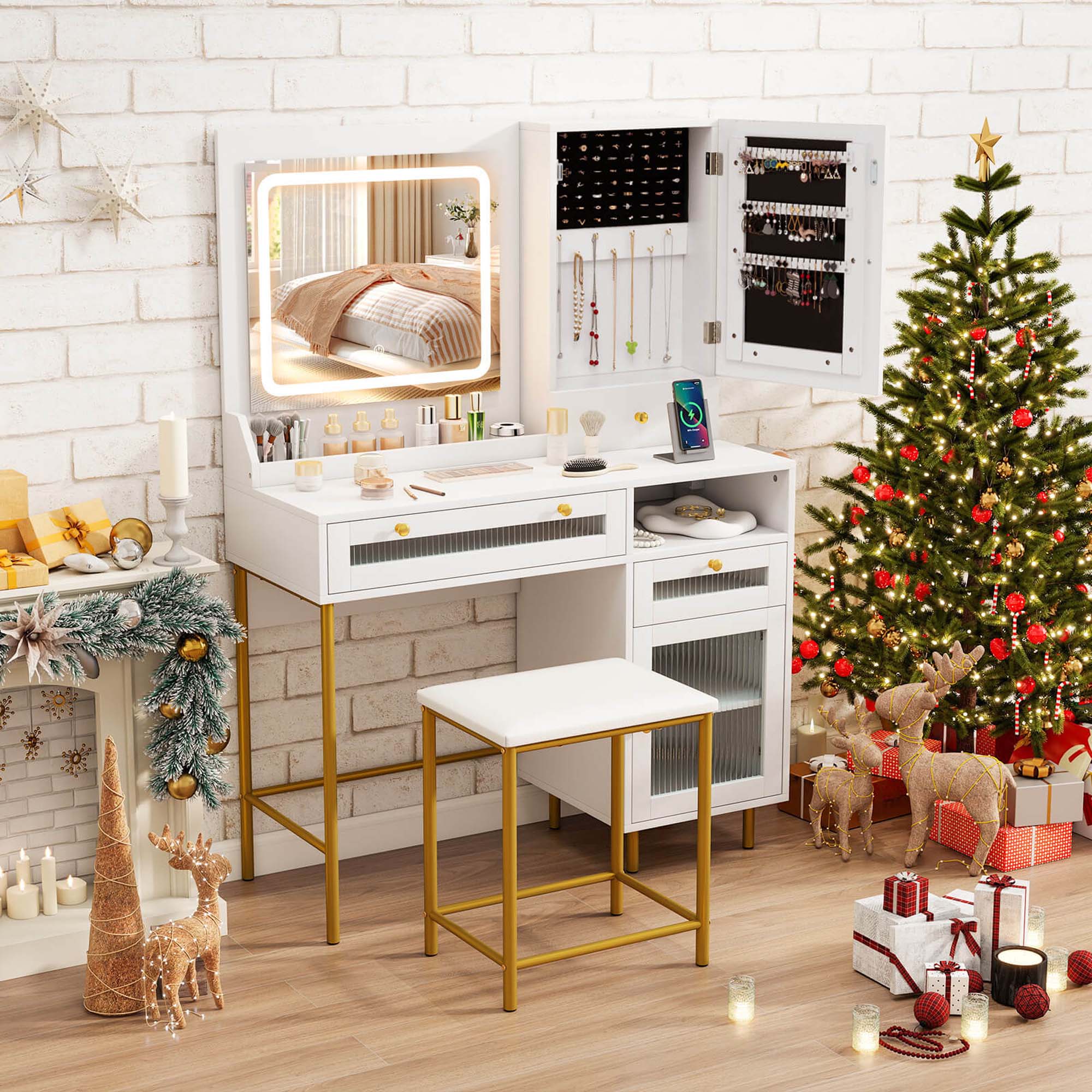 Alt View 3. Costway - Costway Vanity Set with Mirror and Lights 3 Lighting Modes & Adjustable Brightness - White.