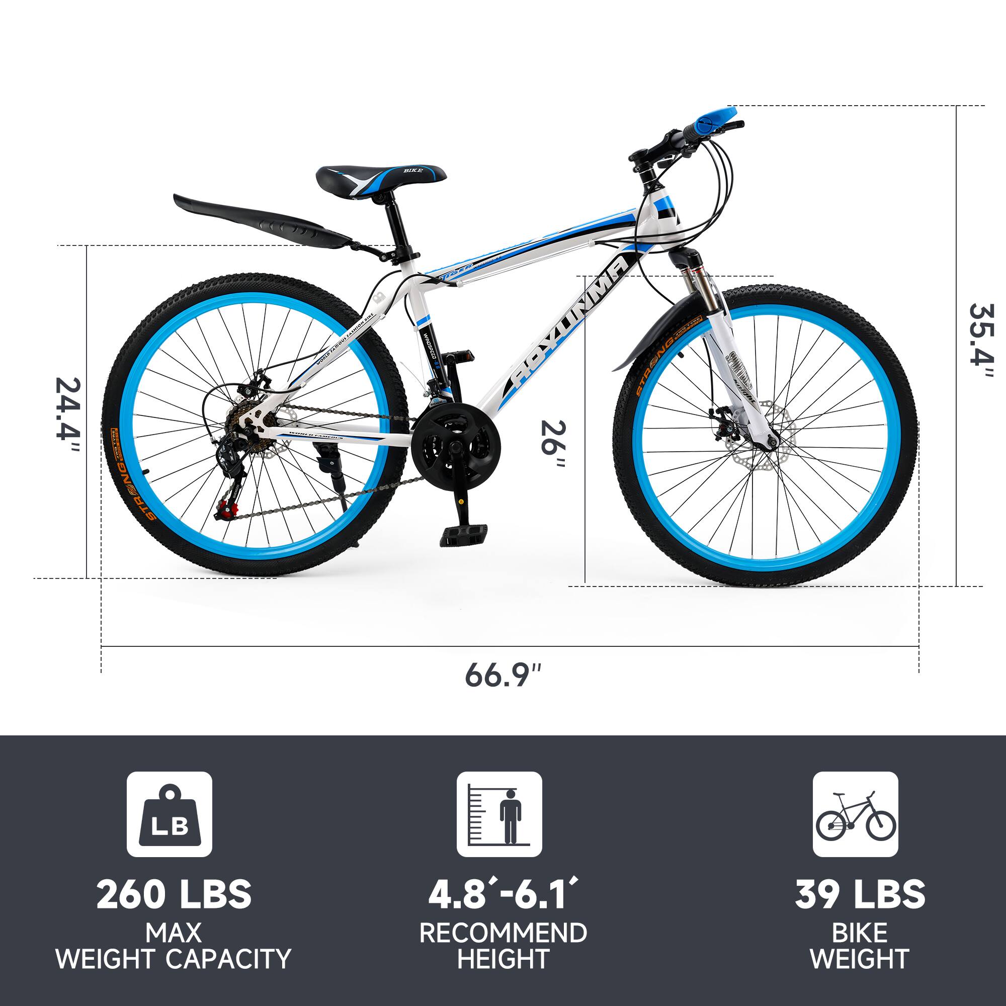 - **Frame Size:** 24.4" (seat height) x 26" (wheel size) x 35.4" (wheel height)
- **Overall Length:** 66.9"
- **Max Weight Capacity:** 260 lbs
- **Recommended Rider Height:** 4.8' - 6.1'
- **Bike Weight:** 39 lbs