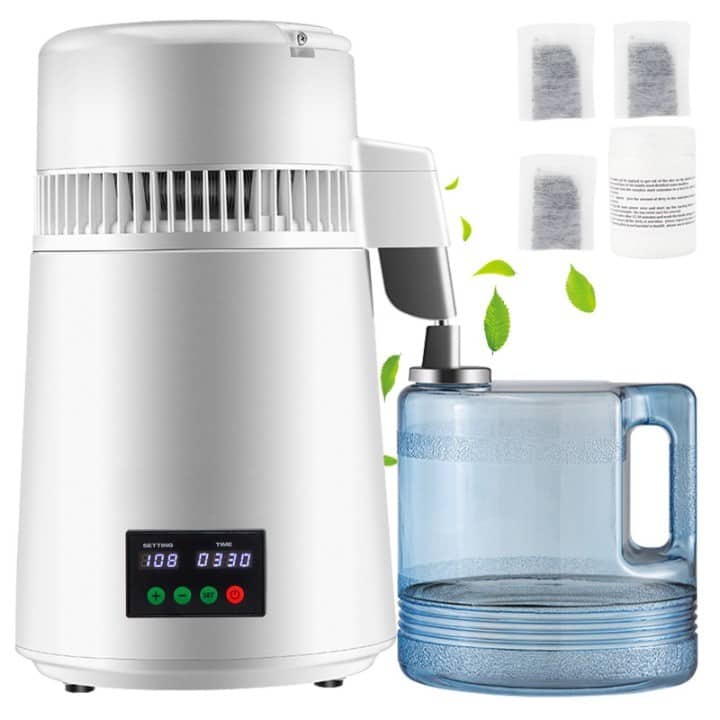 Mirfee - 1.1Gal Water Distiller, 750W with Temperature Control & Plastic Carafe, Includes Carbon Filters - White