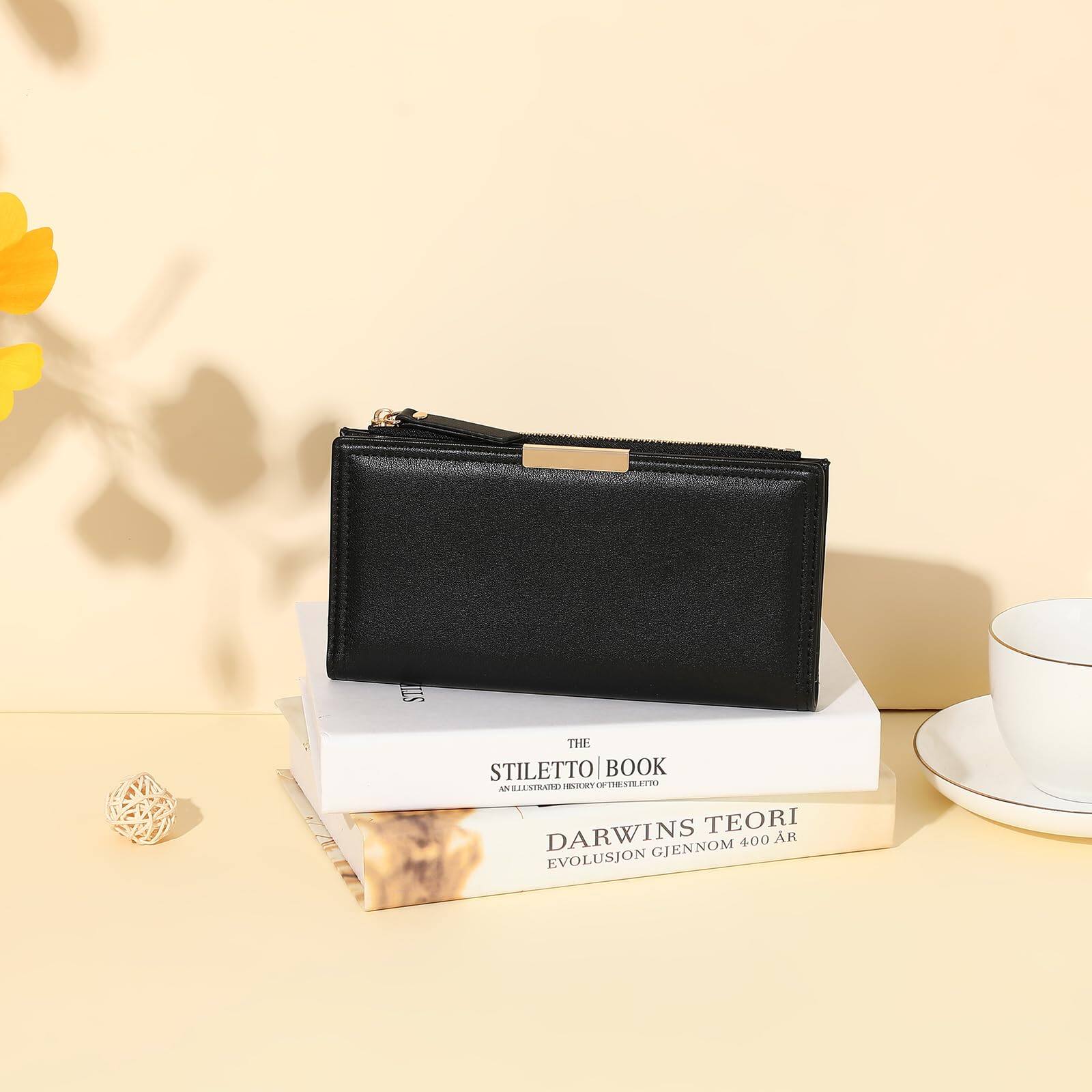 Alt View 2. Jadie Link - Slim Women Wallet Bifold Ladies Long Purse Travel Credit Card Holder Zipper Pocket Premium Vegan Leather Made - A01 Black.