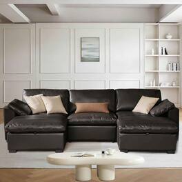 Dyonery - 120" U Shaped Couch with Storage Ottoman, Down-Filled Wide Deep Seat, Solid Wood Frame, Tool Free, Faux Leather Black - Black
